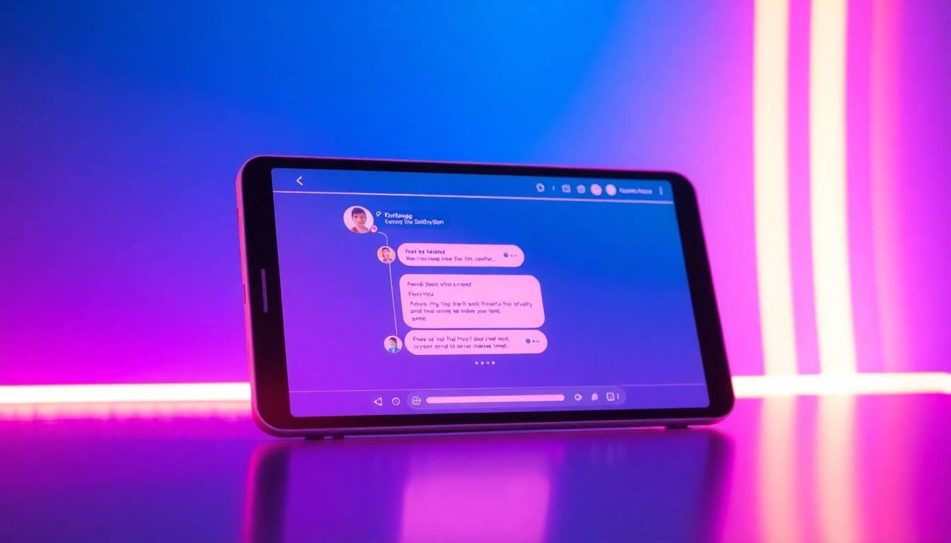 Futuristic digital chat interface on a device with glowing background and holographic elements, showcasing AI conversation.