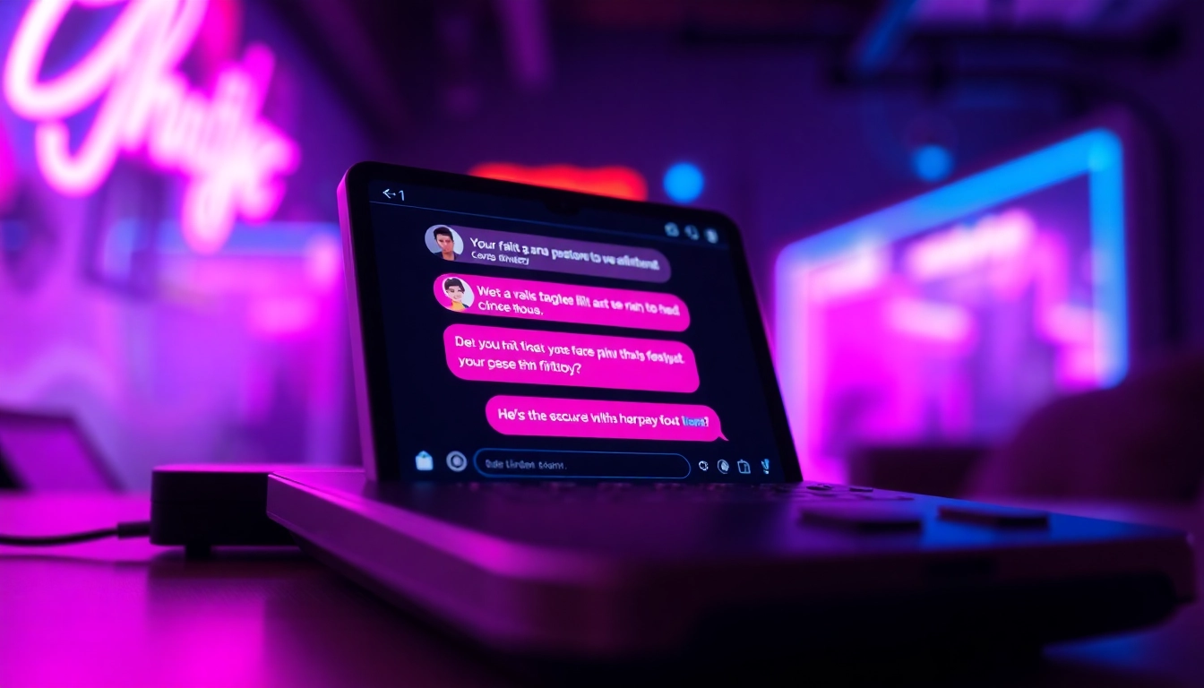 Close-up of a futuristic AI chat interface on a sleek device with neon lighting, suggesting spicy digital flirting.
