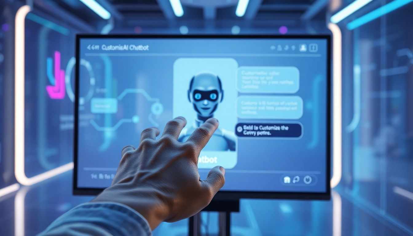 A user interacting with a futuristic AI chatbot interface on a sleek screen with neon accents.