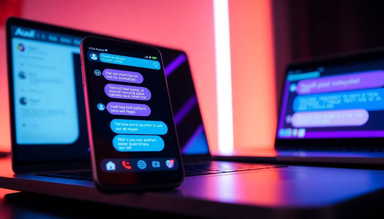 Close-up of a smartphone and laptop displaying adult-themed AI chat conversations with glowing text bubbles in a modern setting.