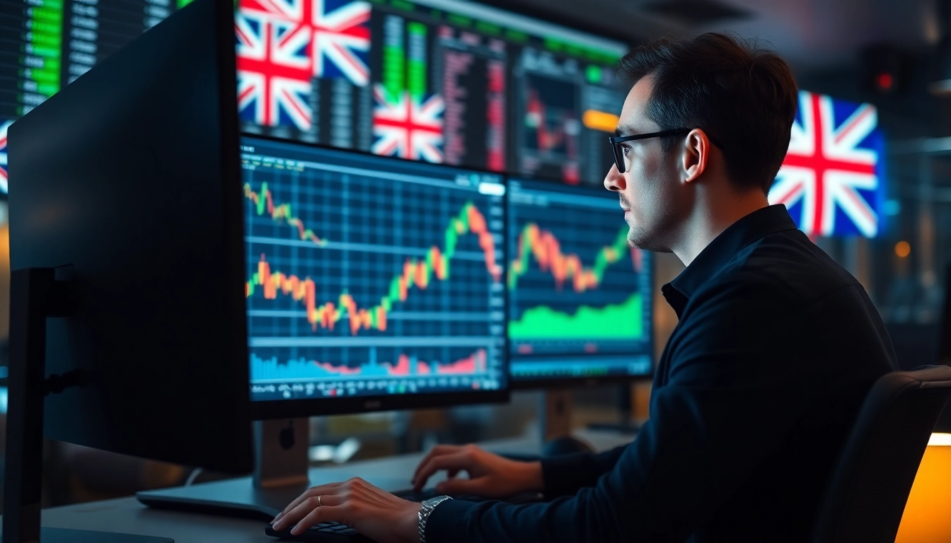 Online Trading UK platform with a trader reviewing stock charts on a computer for effective