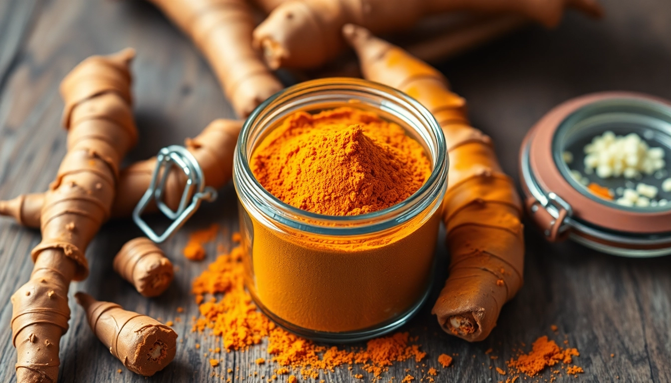 High-quality turmeric powder displayed in a jar with fresh turmeric roots highlighting purity