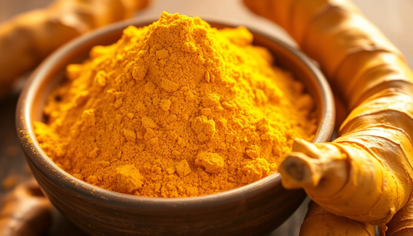 High-quality turmeric powder in a bowl with fresh turmeric root, showcasing vivid color and